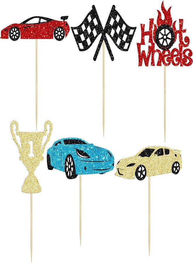 كونفيتي! ٢٤ قطعة من زينة الكب كيك على شكل سيارات سباق، مزينة ببريق لامع، وإشارات مرور، وعجلة قيادة، وكأس، وعلم، وعصا تزيين الكب كيك، مثالية لحفلات أعياد الميلاد ذات الطابع الرياضي "هيا بنا نتسابق" وحفلات استقبال المولود الجديد. - Image 3